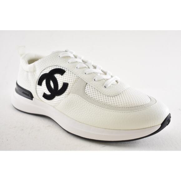 Chanel 21S Mens White Black Leather CC Logo Lace Low Top Trainer Sneaker 44 11 - Picture 6 of 14